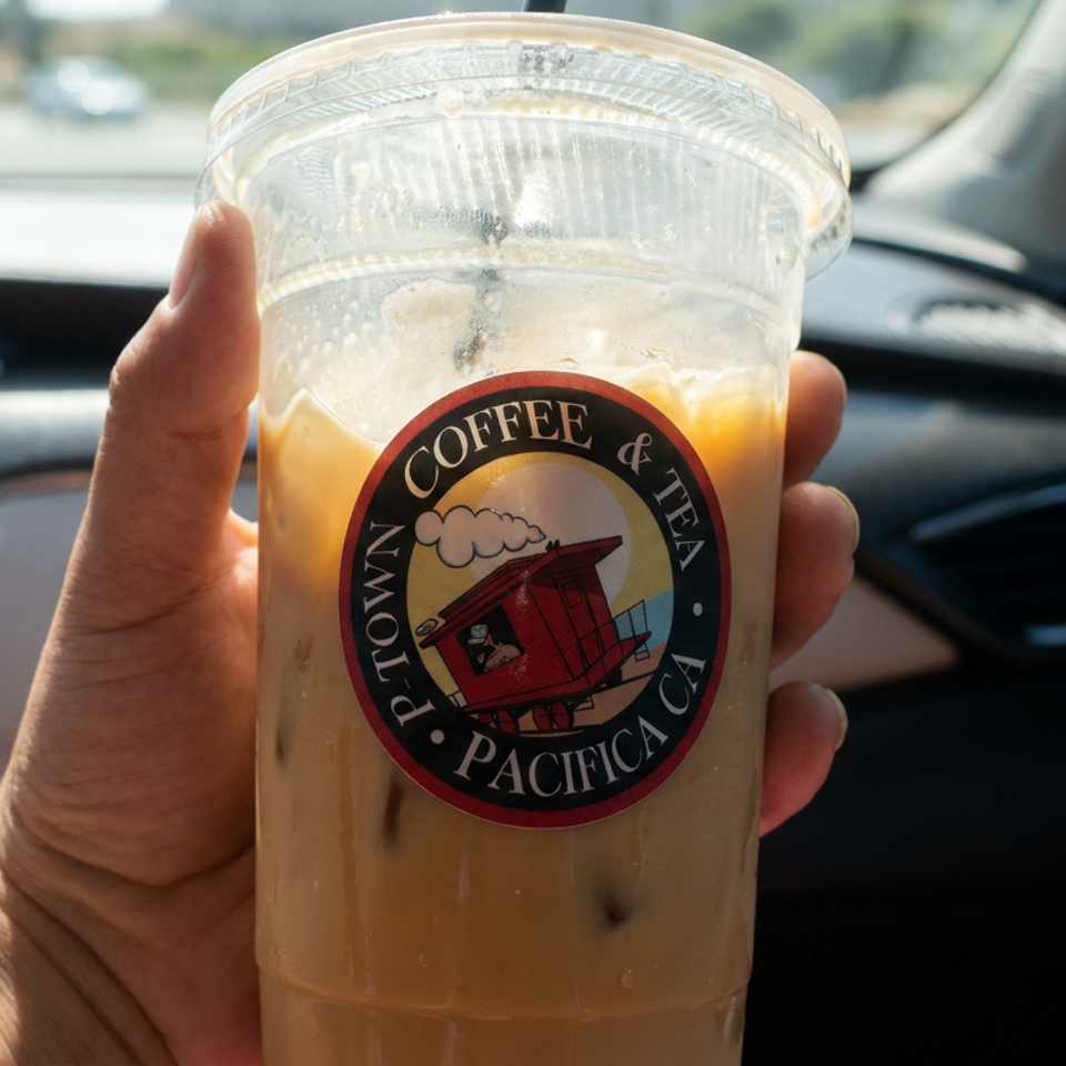 Hand holding an iced coffee drink in a clear cup with a Pacifica Coffee & Tea logo inside a car.