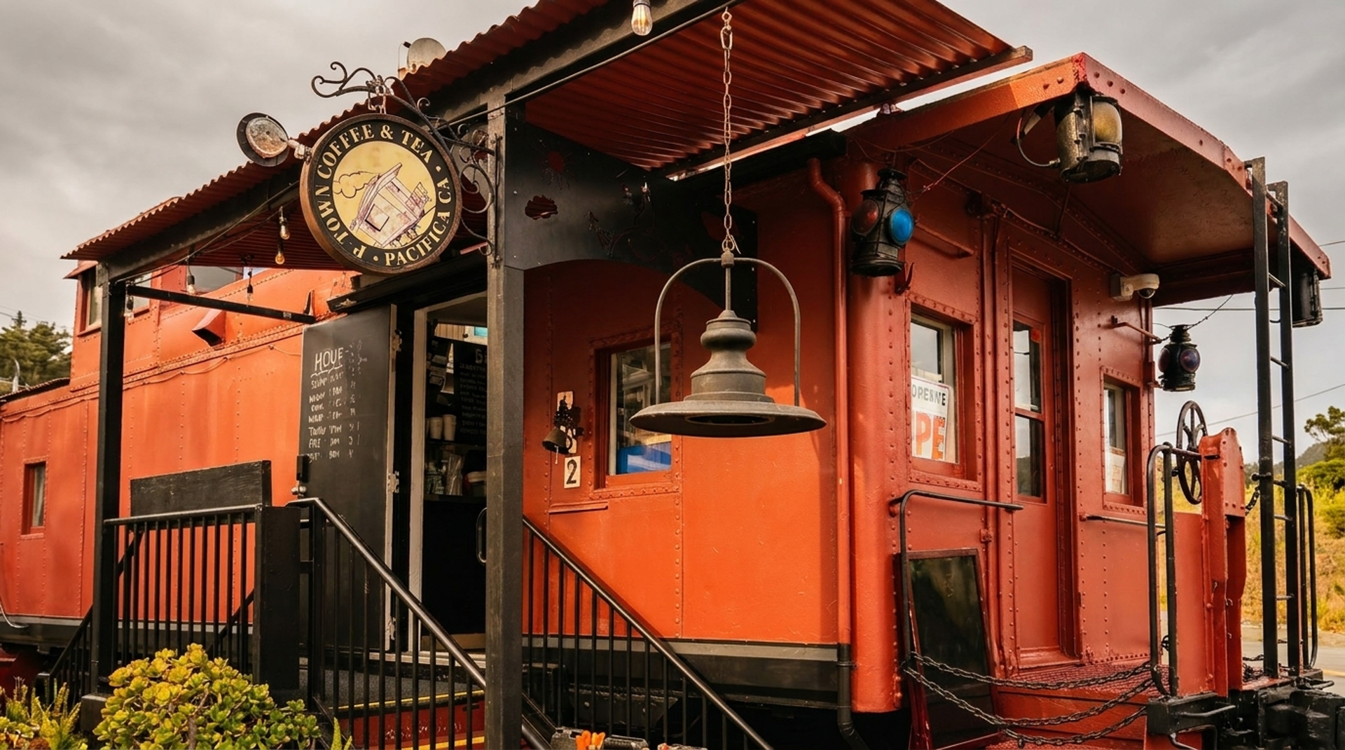 Coffee and boba in a vintage railroad caboose
