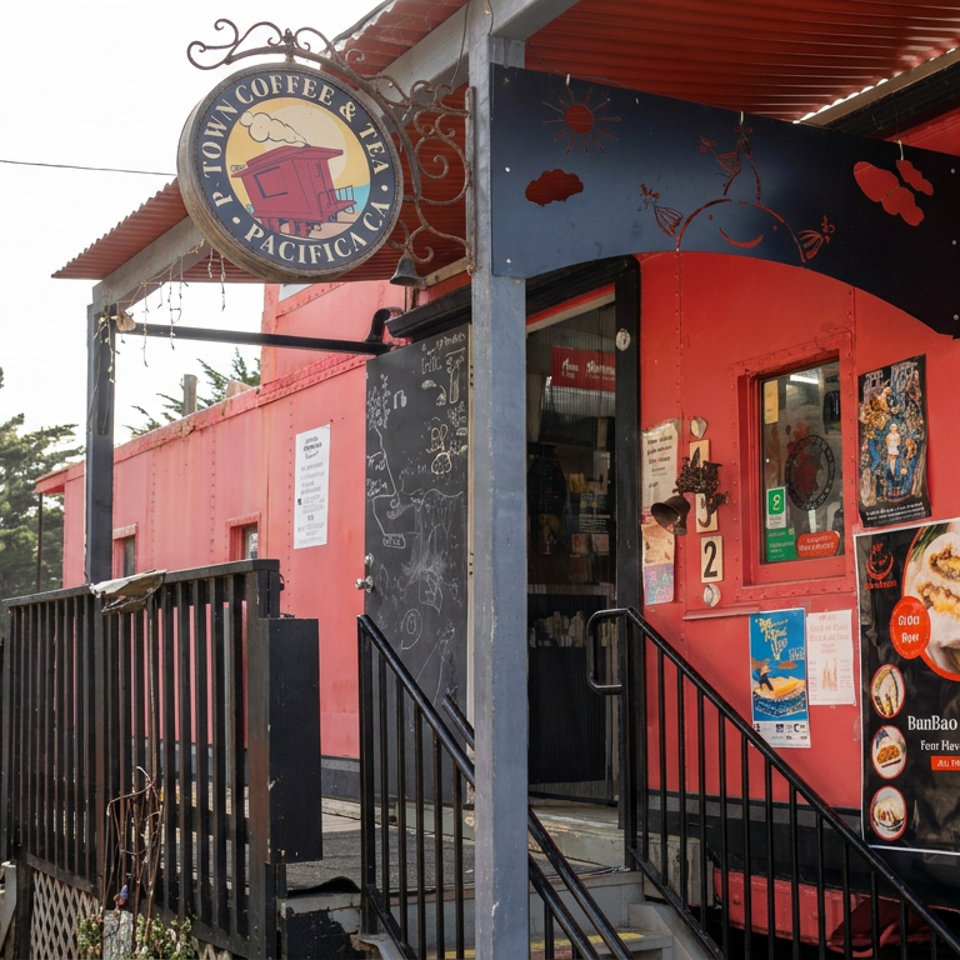 Bright pink coffee and tea trailer with outdoor seating, entrance stairs, chalkboard menu, and BunBao food poster.
