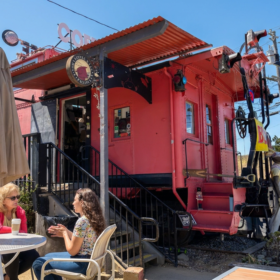 Two women dine at an outdoor table beside a bright red vintage railcar café with umbrellas and desert landscaping.