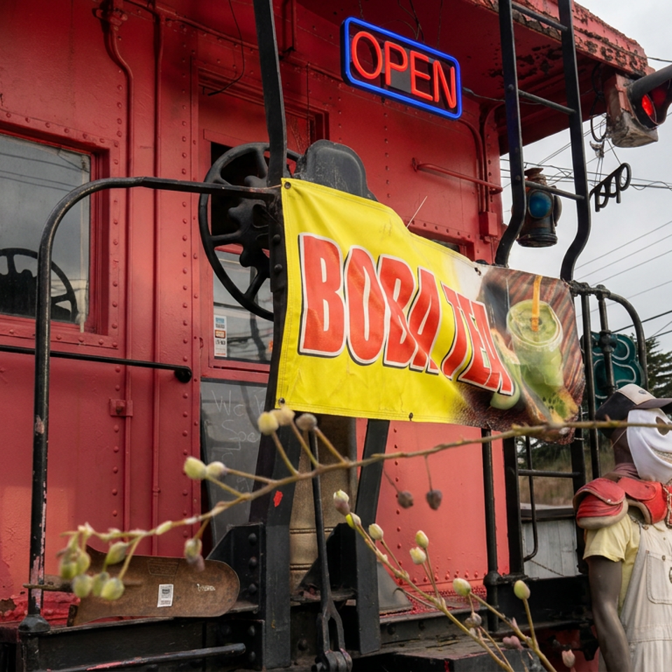 A weathered red railcar-style storefront displays an OPEN sign, boba banner, and masked chef mannequin outside.