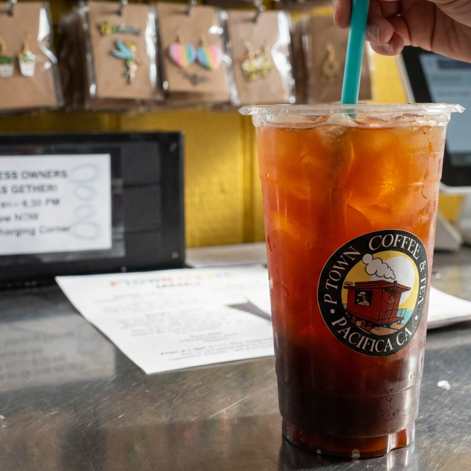 Hand stirs an iced orange drink in a Pacifica Coffee cup on a café counter, with jewelry displays and event signage behind it.