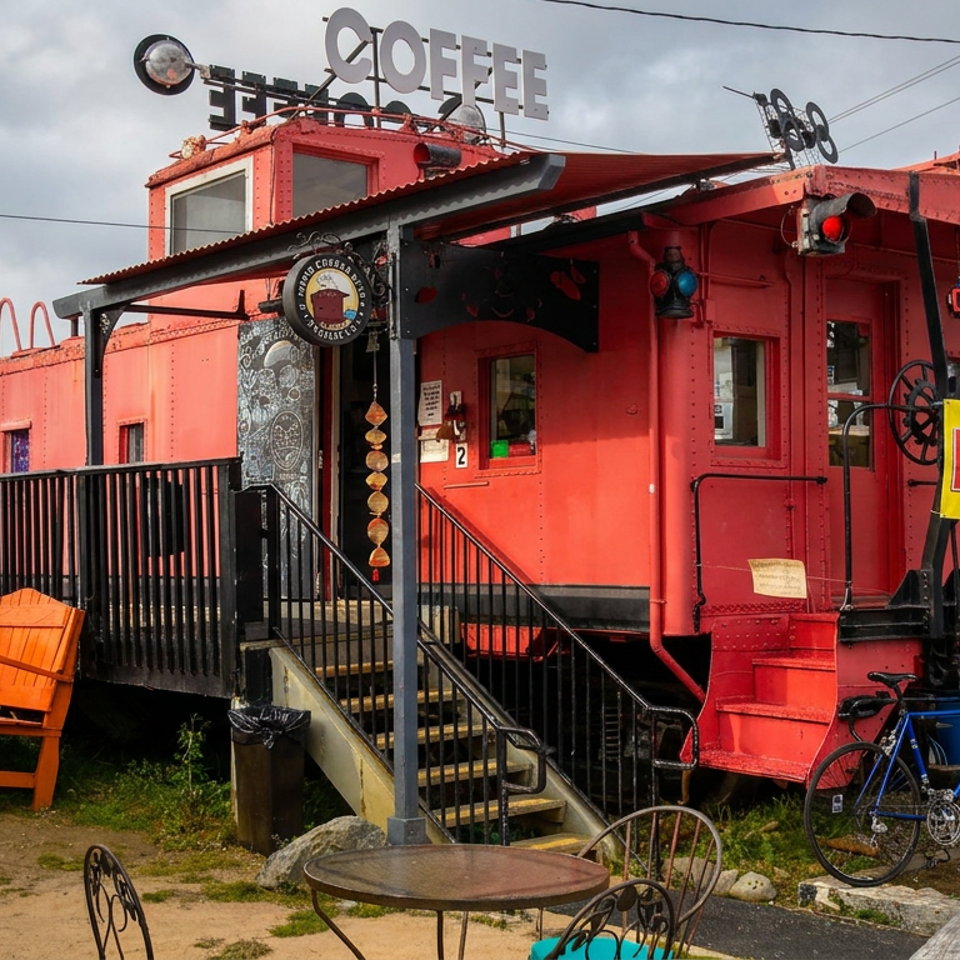 Bright red railcar-style coffee shop with rooftop signage, outdoor seating, bicycles, and open signs beside a roadside.