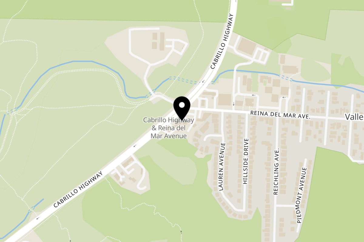 Map showing the location of P Town Coffee & Tea on 152 Reina Del Mar Ave in Pacifica